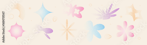 Abstract multi colors figures with grain noise gradient. Y2k retro stippling forms set. Butterfly, semicircle and star flower icons isolated on beige background. Vector gradation shapes illustration.