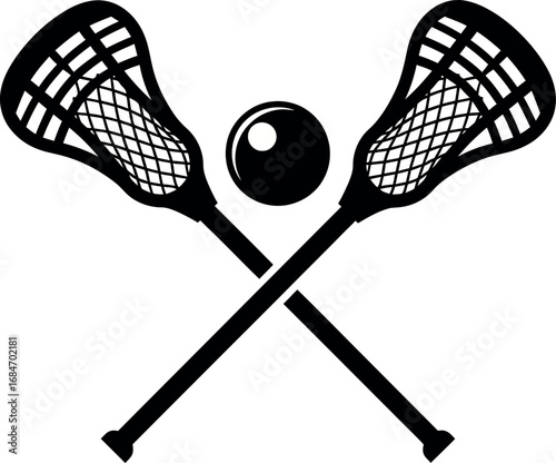 Vector icon of crossed lacrosse sticks and a ball, a classic sports emblem for team competition and athletic equipment design asset