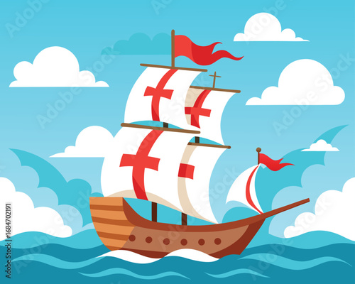 Vector art of columbus day illustration of a ship sailing in the ocean with clouds and waves