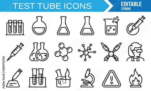 Editable stroke test tube icons collection with lab glassware, microscope, molecules, and safety symbols