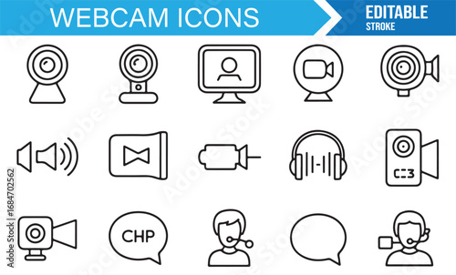 Technology stroke icon collection with webcams, video calls, broadcasting, and digital media