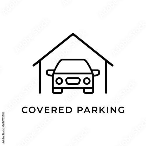House with Covered Parking Line Icon. Residential Car Shelter and Asset Protection.