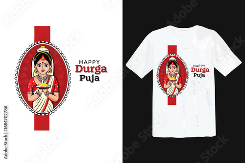 Indian woman in traditional attire holding puja thali for Durga Puja