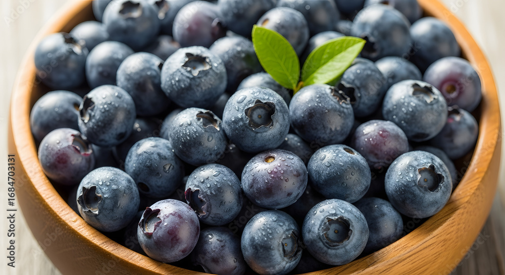 Fototapeta premium Bowl full of fresh blueberries with green leaf ornamentation macro shot
