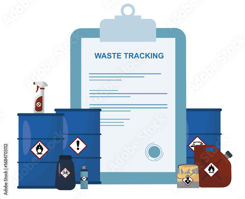 Hazardous Waste Tracking Clipboard Documentation isolated on transparent background. Protocols for industrial waste management and compliance. Waste management tracking. Flat style.Vector illustration