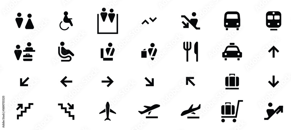 Naklejka premium Black And White Pictogram Vector Set Food Drink Travel And Fuel Icons For Web Design. Public Transport And Travel Icons. Vector illustration. 