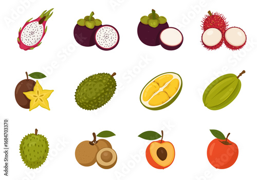 A collection of fruit illustrations arranged in a fourbythree grid on a white background