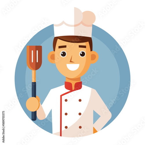 A man icon in a chef's uniform, holding a spatula, a professional and skilled character on a plain white background, for food or restaurant themes.