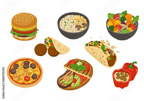 A collection of diverse vegan dishes burger rice bowl salad falafel wrap pizza bruschetta taco and stuffed bell peppers
