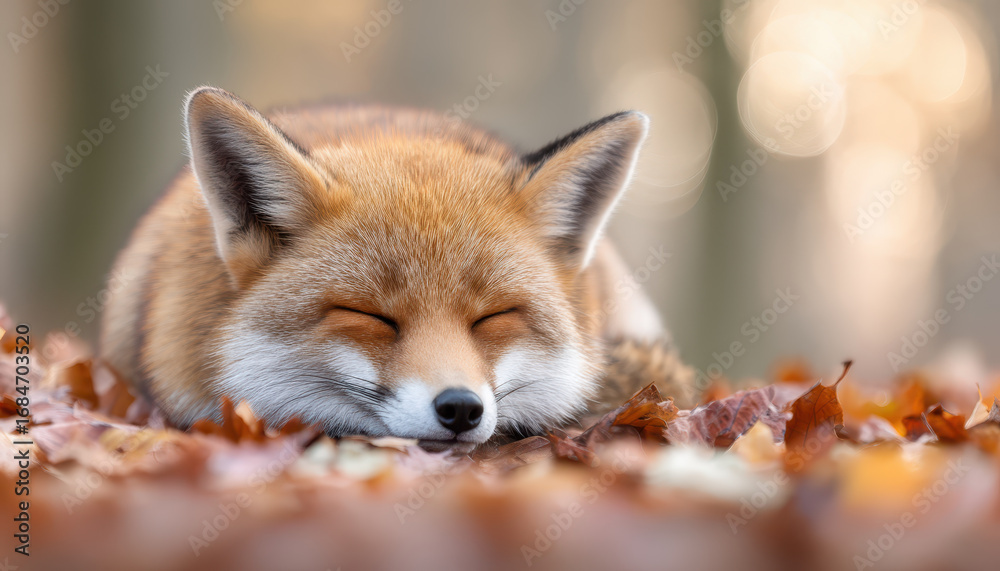 Obraz premium Peaceful fox rests among colorful autumn leaves, embodying essence of fall season in nature. warm hues of foliage create serene backdrop for this adorable animal