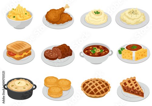 A food collage of various dishes mac  cheese chicken mashed potatoes sandwich meatloaf chili cheese casserole biscuits and pie