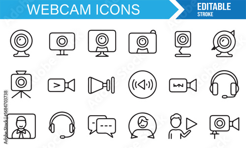 Editable stroke webcam icons collection for video calls, streaming, communication, and online meetings