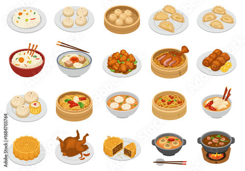 An array of diverse colorful Asian dishes arranged on plates and bamboo steamers