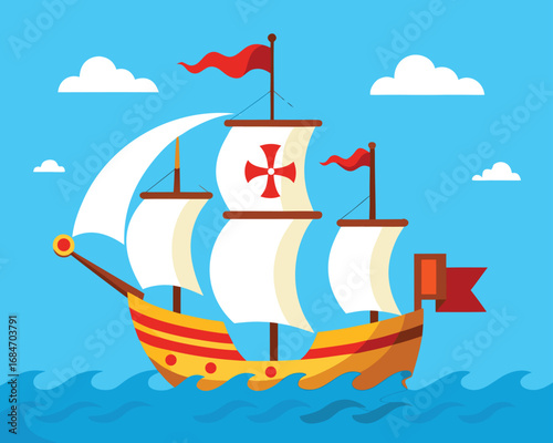 Vector art of caravel ship sailing on the ocean with red cross on the white sail