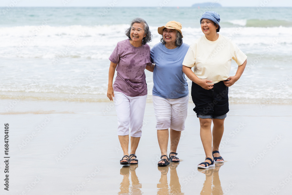 Fototapeta premium Three elderly women enjoy summer outdoor activities on beach with people walking together happily near ocean shore creating joyful moments and friendship