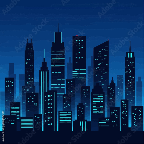 Stylized vector illustration of a modern city skyline at night with glowing blue windows, representing urban architecture and metropolitan life