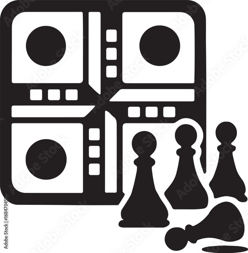 Board game pieces and playing field silhouette