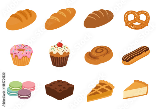 Array of bakery items bread loaves pretzel donut cupcake cinnamon roll eclair macarons brownie and pie slices