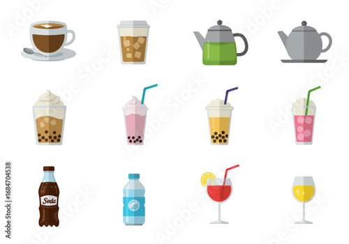 Array of beverage icons coffee soda tea  various cold drinks