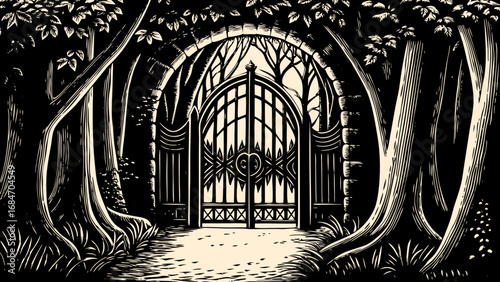 Vintage hand-drawn engraving of an elven archway and gate, decorated with trees and ivy, perfect for fantasy posters, cards, and magical design projects.
