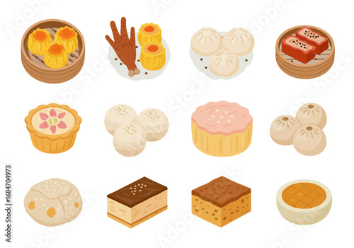 Assorted Chinese dim sum shu mai chicken feet steamed buns cake and other desserts