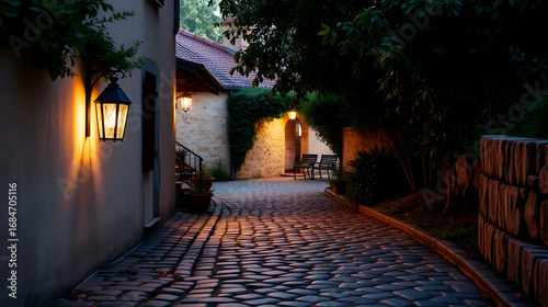 Charming Cobblestone Pathway with Lantern Illuminated by Nature's Touch in a Serene Setting of Vintage Architecture