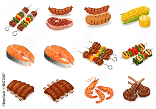 BBQ feast featuring skewers steak salmon ribs shrimp lamb chops sausage and corn on the cob all depicted as illustrated icons