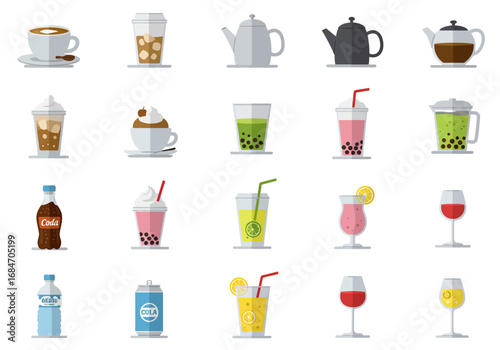 Beverages assortment coffee teas soda juice boba water and wine