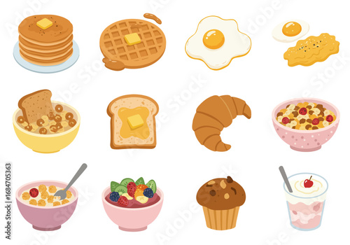Breakfast collage pancakes waffle eggs cereal fruit toast croissant muffin yogurt
