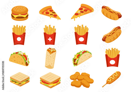 Cartoon fast food icons Hamburger pizza slices hot dogs fries tacos burritos sandwiches nuggets  corn dog