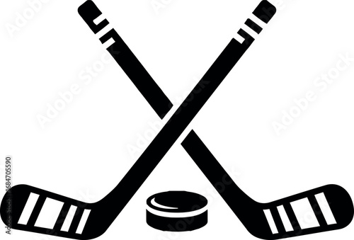 Hockey Sticks and Puck A Classic Black and White Icon for Sports Assets