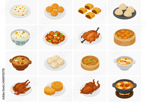 Cartoon food a collection of different Chinese dishes laid out in an organized grid