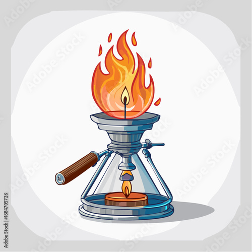 Vector illustration of a classic laboratory alcohol burner, a piece of chemistry equipment with a burning flame, on a simple background
