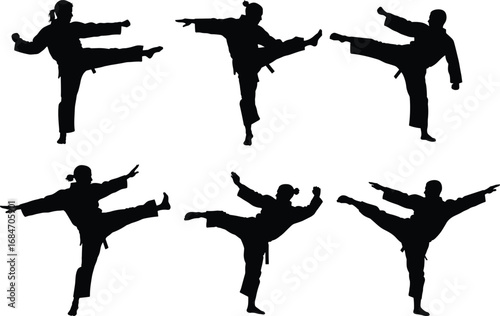 Martial Arts Silhouette Vector of High Kick Poses in Uniforms for Training, Fitness, Combat, and Discipline Themes