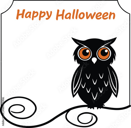 Vector art of happy halloween text with a cute black owl sitting on a branch