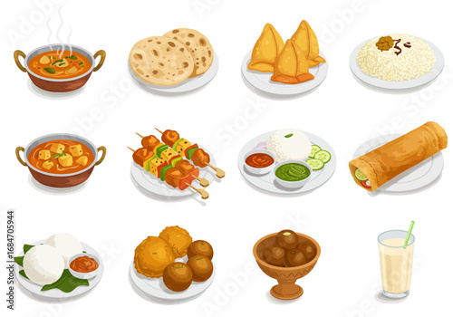 Display of various South Asian dishes including curries roti samosas rice kebabs and desserts