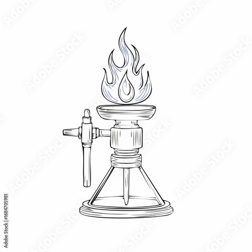 Hand-drawn sketch of a laboratory Bunsen burner with a blue flame for science and chemistry experiments