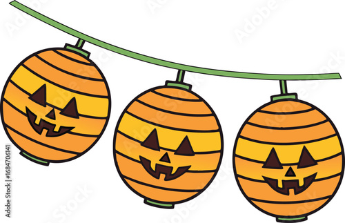 Vector art of three cheerful jack o lantern halloween string lights with carved faces hanging on a green cord