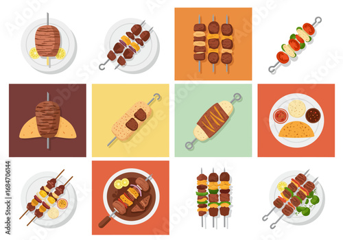 Graphic with diverse shish kebabs shawarma and plates in flat illustration style