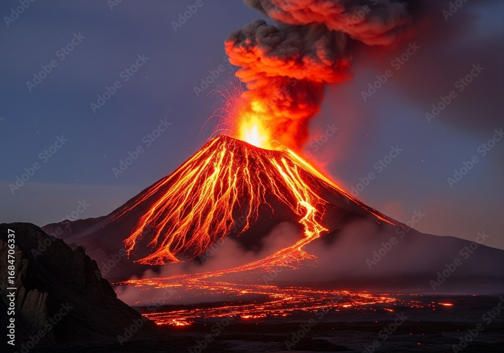 Fototapeta premium Volcano glowing red lava, glow effect, digital painting 