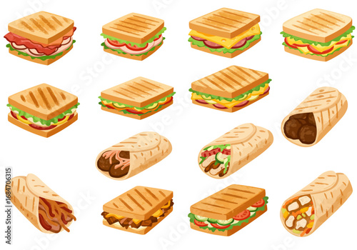 Grilled sandwiches and wraps arranged in rows