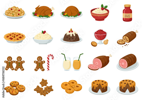 Holiday foods arranged turkey ham fruitcake donuts pie gingerbread candy cane eggnog cranberry sauce stuffing Christmas pudding cookies