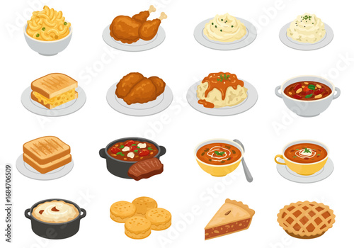 Isometric food icons mac chicken sandwiches soup potatoes pie and biscuits
