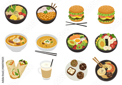 Image of diverse foods including bowls burgers wraps latte and a dessert plate arranged on a white background