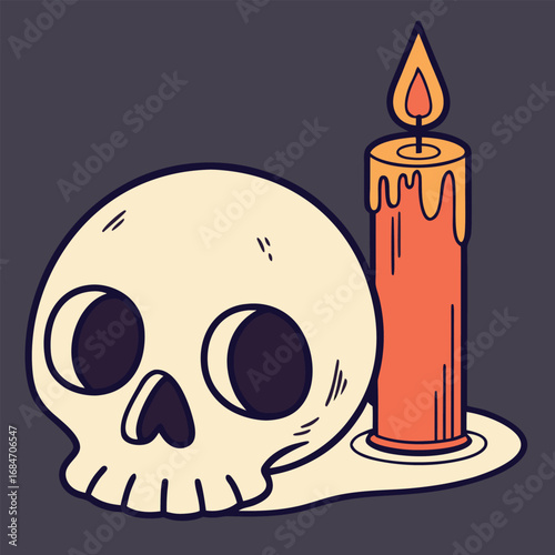 Vector art of a stylized illustration of a skull and a burning candle with dripping wax, set against a dark background
