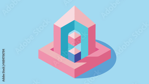 Isometric 3D abstract geometric structure in pink and blue on a light blue background vector illustration