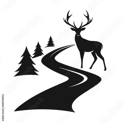 Wanderlust Path in deer  a simple vector clean black silhouette design white background