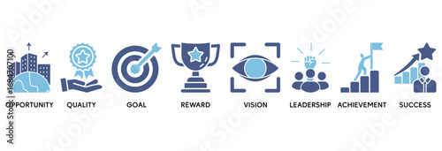 Encourage icon set vector illustration concept relate to opportunity, quality, goal, reward, vision, leadership, achievement, success