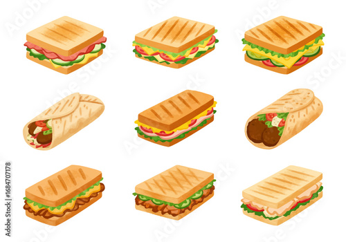Nine sandwiches and wraps are shown some grilled