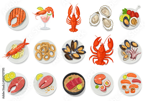 Seafood feast varied dishes including salmon lobster oysters shrimp squid mussels and sushi presented on plates and a bowl